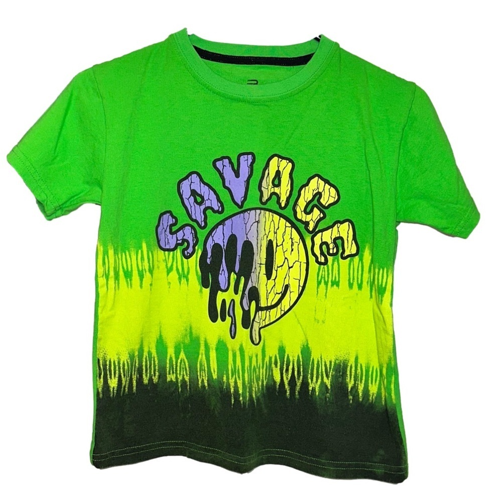 FADED BLACK Green, Yellow, and Gray “Savage” Dripping Smiley Face T-Shirt